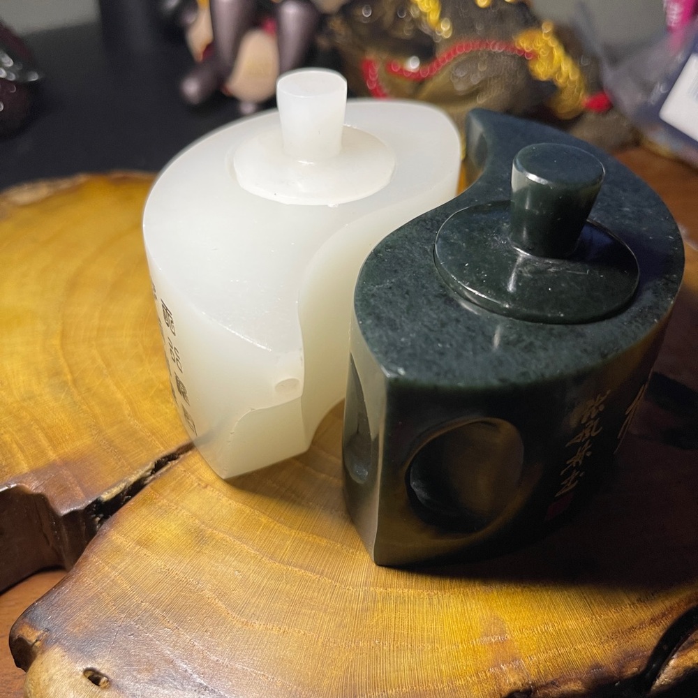 Unusual Jade Black and White Tea Set, small 3oz on each side tea pots.
